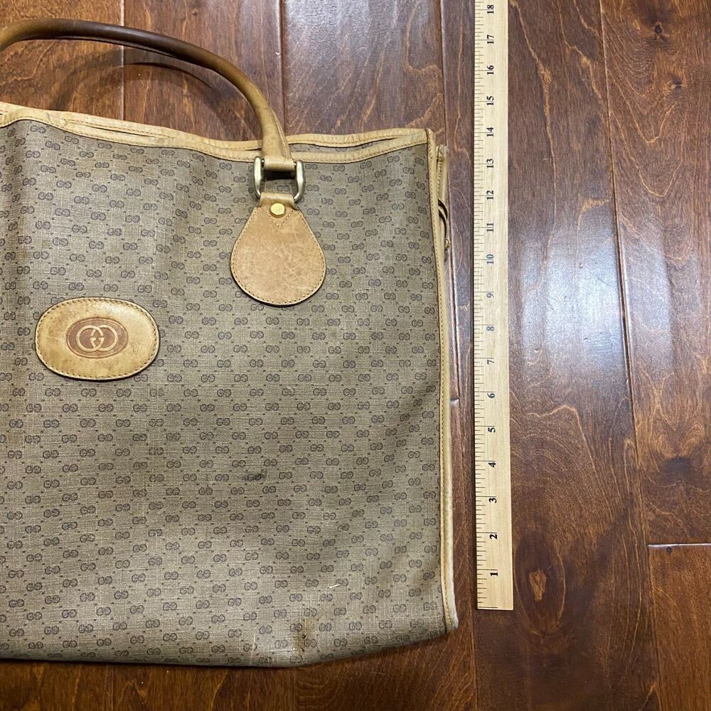 Gucci Authentic Vintage 80s GG Monogram Tan Brown Leather Tote Bag w/ Coin Pouch - Picture 10 of 12